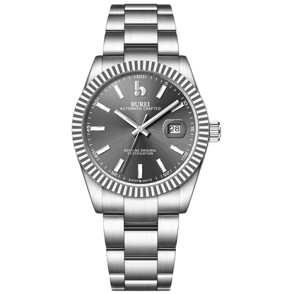 BUREI Men's Watch 41mm, Classic Stainless Steel, Waterproof Machine Watch with Date, Sapphire Crystal, Business Dress Wristwatch