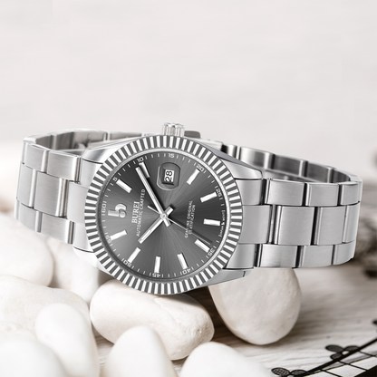 BUREI Men's Watch 41mm, Classic Stainless Steel, Waterproof Machine Watch with Date, Sapphire Crystal, Business Dress Wristwatch