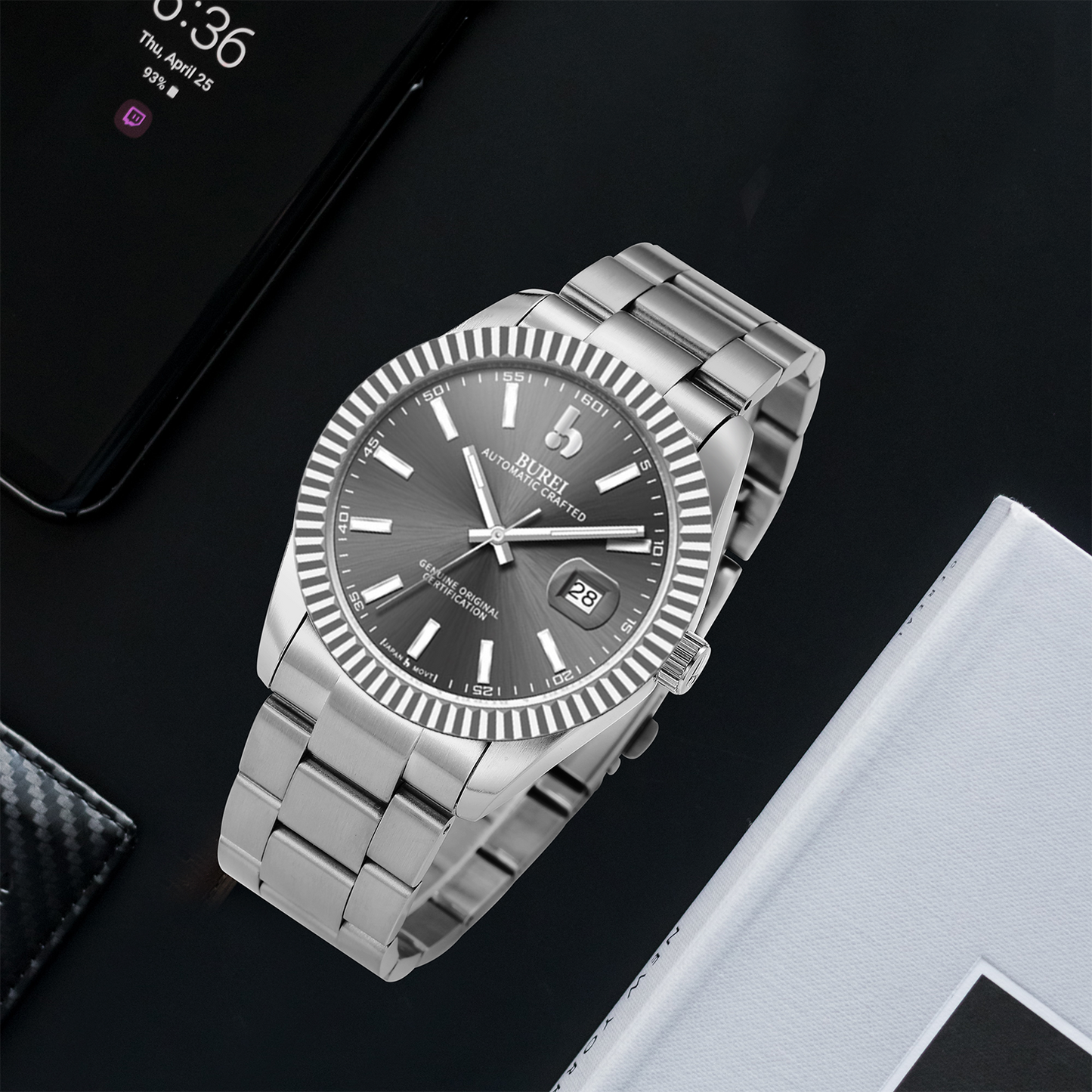 BUREI Men's Watch 41mm, Classic Stainless Steel, Waterproof Machine Watch with Date, Sapphire Crystal, Business Dress Wristwatch