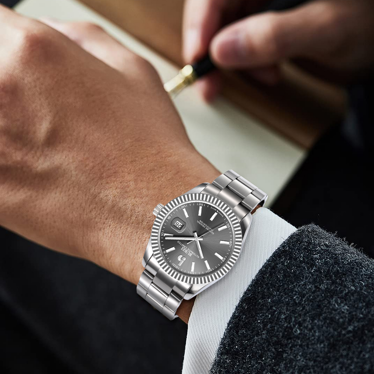 BUREI Men's Watch 41mm, Classic Stainless Steel, Waterproof Machine Watch with Date, Sapphire Crystal, Business Dress Wristwatch