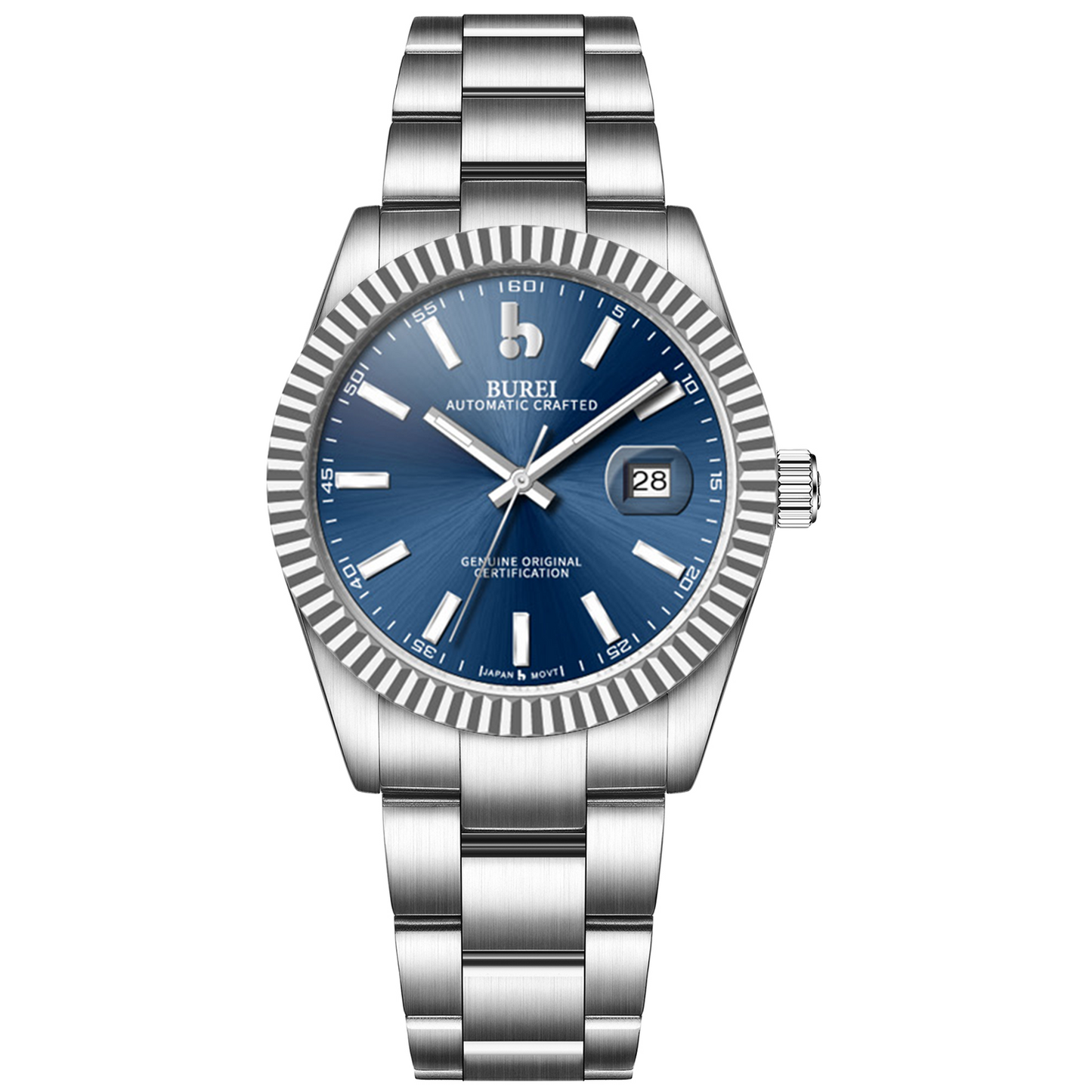 BUREI Men's Watch 41mm, Classic Stainless Steel, Waterproof Machine Watch with Date, Sapphire Crystal, Business Dress Wristwatch