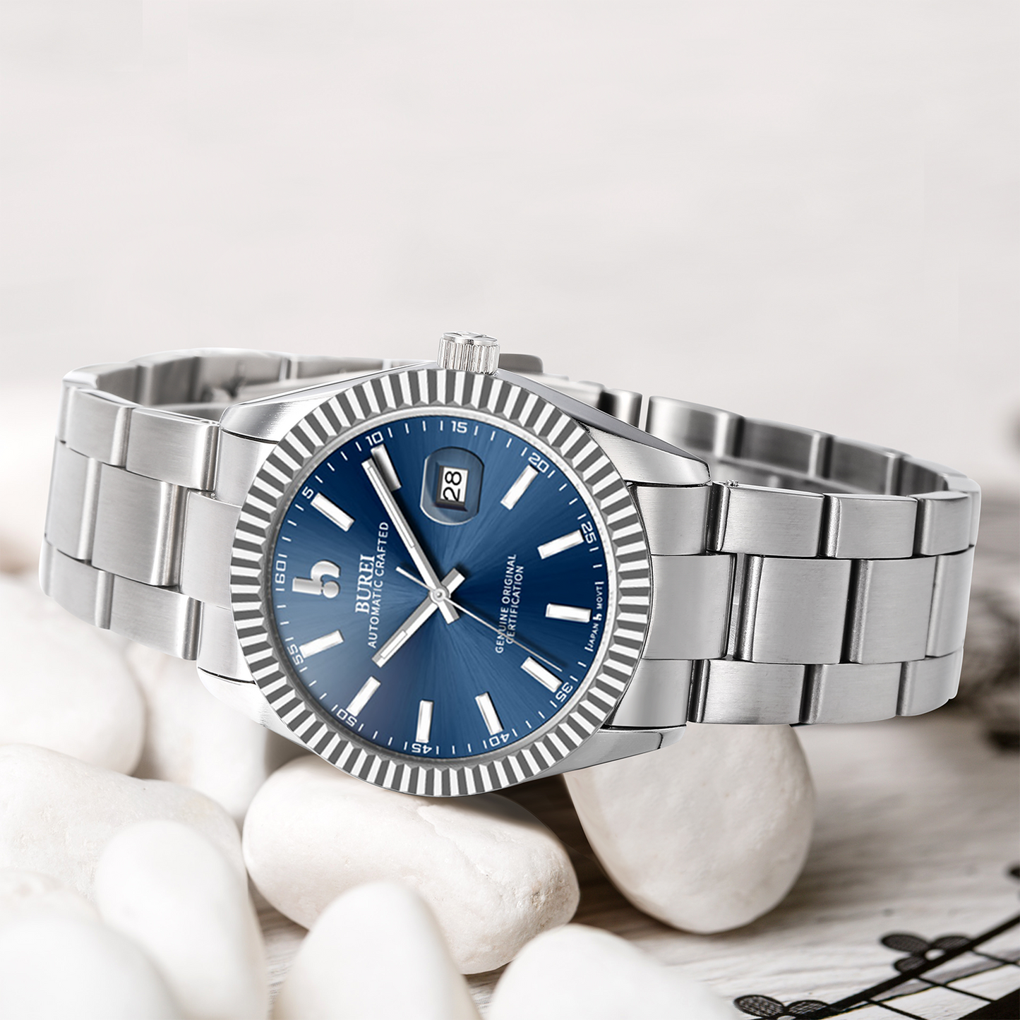 BUREI Men's Watch 41mm, Classic Stainless Steel, Waterproof Machine Watch with Date, Sapphire Crystal, Business Dress Wristwatch
