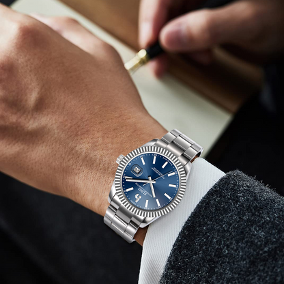 BUREI Men's Watch 41mm, Classic Stainless Steel, Waterproof Machine Watch with Date, Sapphire Crystal, Business Dress Wristwatch