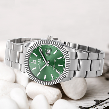 BUREI Men's Watch 41mm, Classic Stainless Steel, Waterproof Machine Watch with Date, Sapphire Crystal, Business Dress Wristwatch