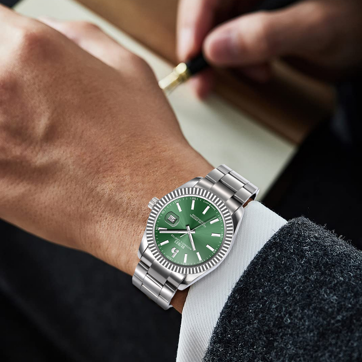 BUREI Men's Watch 41mm, Classic Stainless Steel, Waterproof Machine Watch with Date, Sapphire Crystal, Business Dress Wristwatch