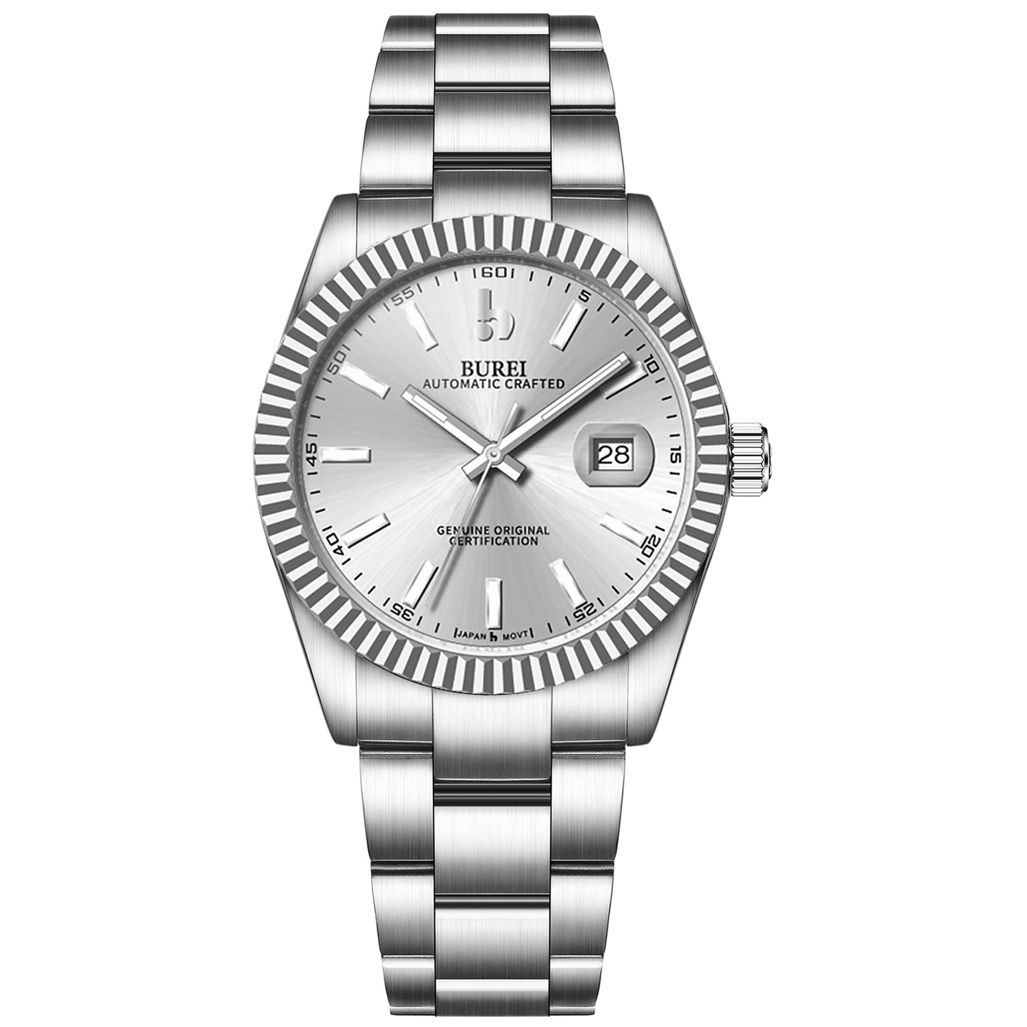 BUREI Men's Watch 41mm, Classic Stainless Steel, Waterproof Machine Watch with Date, Sapphire Crystal, Business Dress Wristwatch