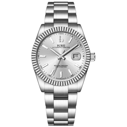 BUREI Men's Watch 41mm, Classic Stainless Steel, Waterproof Machine Watch with Date, Sapphire Crystal, Business Dress Wristwatch