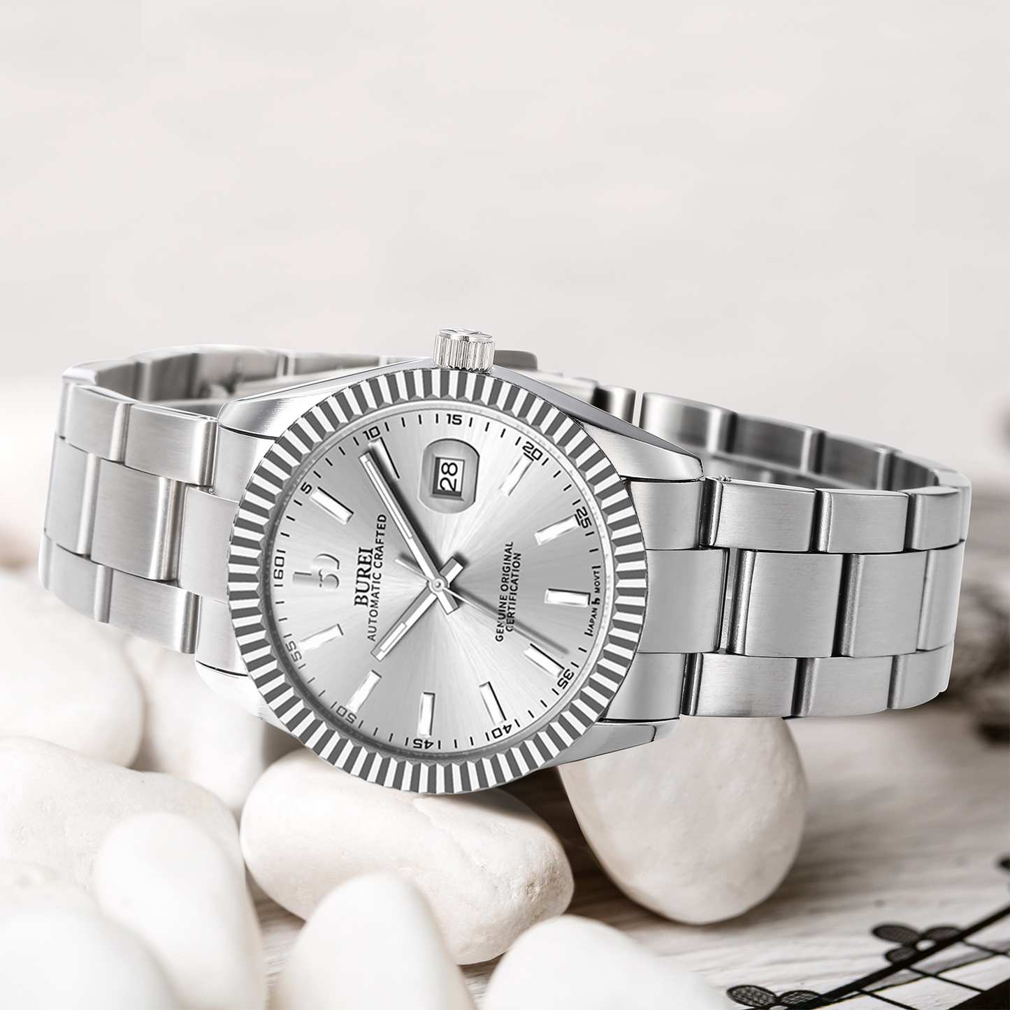 BUREI Men's Watch 41mm, Classic Stainless Steel, Waterproof Machine Watch with Date, Sapphire Crystal, Business Dress Wristwatch