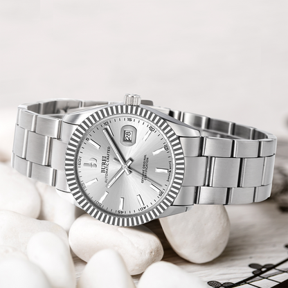 BUREI Men's Watch 41mm, Classic Stainless Steel, Waterproof Machine Watch with Date, Sapphire Crystal, Business Dress Wristwatch