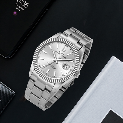 BUREI Men's Watch 41mm, Classic Stainless Steel, Waterproof Machine Watch with Date, Sapphire Crystal, Business Dress Wristwatch