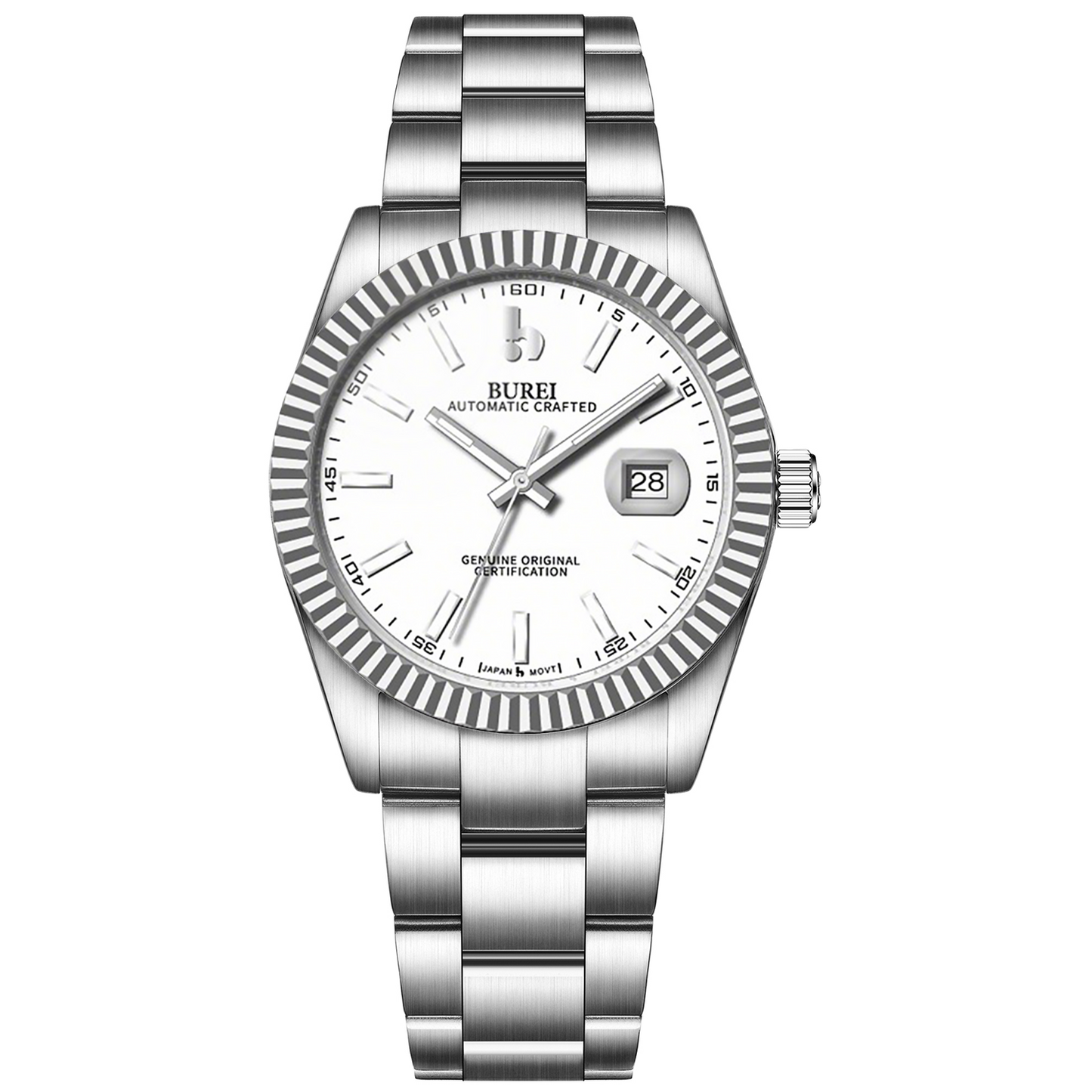 BUREI Men's Watch 41mm, Classic Stainless Steel, Waterproof Machine Watch with Date, Sapphire Crystal, Business Dress Wristwatch