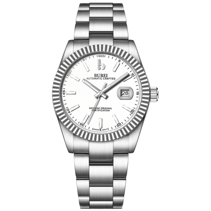 BUREI Men's Watch 41mm, Classic Stainless Steel, Waterproof Machine Watch with Date, Sapphire Crystal, Business Dress Wristwatch