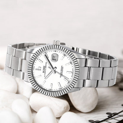 BUREI Men's Watch 41mm, Classic Stainless Steel, Waterproof Machine Watch with Date, Sapphire Crystal, Business Dress Wristwatch