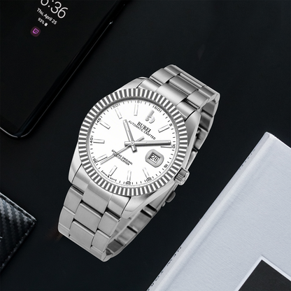 BUREI Men's Watch 41mm, Classic Stainless Steel, Waterproof Machine Watch with Date, Sapphire Crystal, Business Dress Wristwatch
