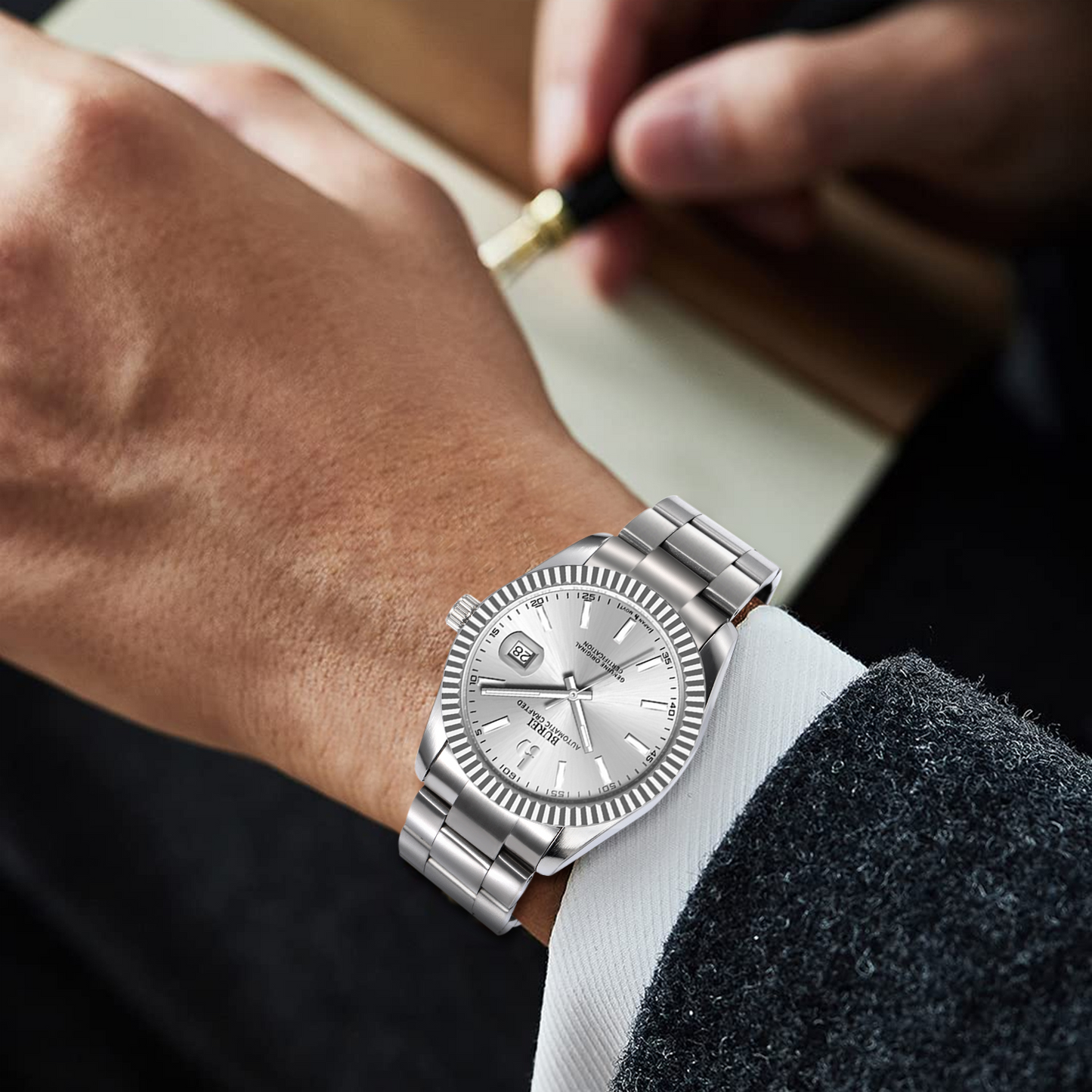 BUREI Men's Watch 41mm, Classic Stainless Steel, Waterproof Machine Watch with Date, Sapphire Crystal, Business Dress Wristwatch