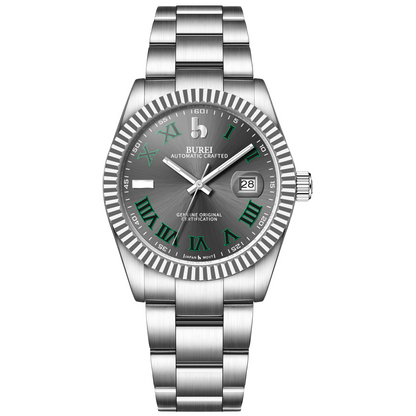 BUREI Men's Watch 41mm, Classic Stainless Steel, Waterproof Machine Watch with Date, Sapphire Crystal, Business Dress Wristwatch