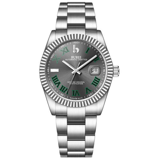 BUREI Men's Watch 41mm, Classic Stainless Steel, Waterproof Machine Watch with Date, Sapphire Crystal, Business Dress Wristwatch