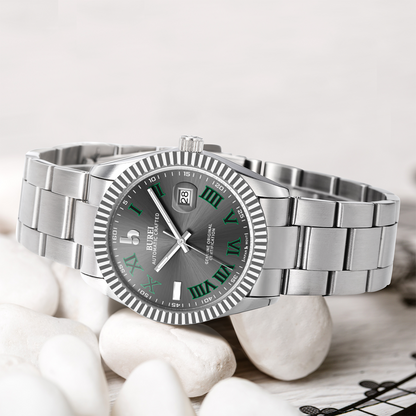 BUREI Men's Watch 41mm, Classic Stainless Steel, Waterproof Machine Watch with Date, Sapphire Crystal, Business Dress Wristwatch