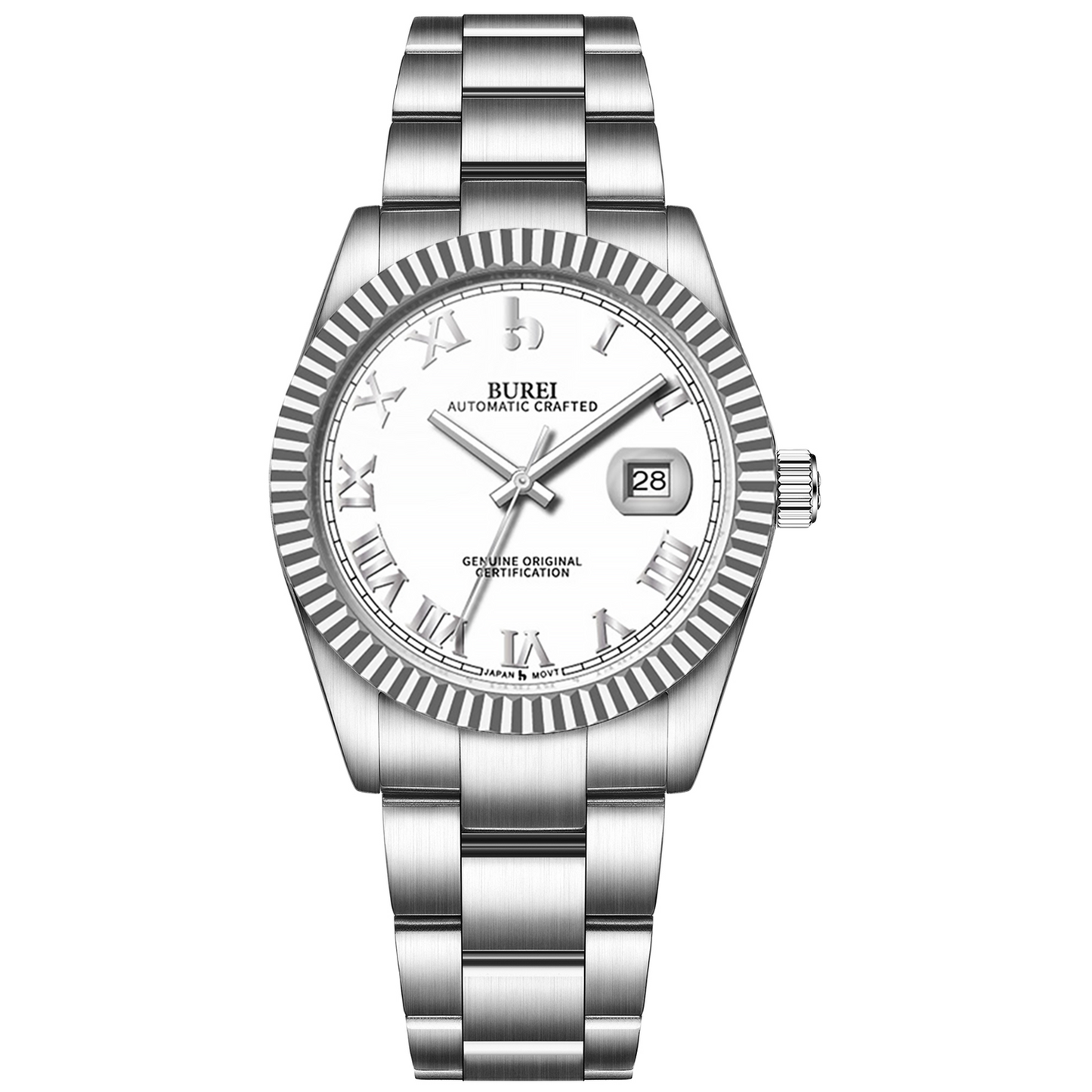 BUREI Men's Watch 41mm, Classic Stainless Steel, Waterproof Machine Watch with Date, Sapphire Crystal, Business Dress Wristwatch
