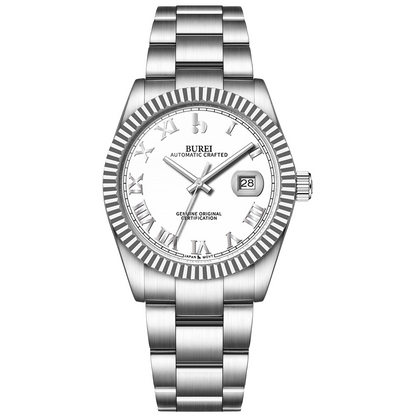 BUREI Men's Watch 41mm, Classic Stainless Steel, Waterproof Machine Watch with Date, Sapphire Crystal, Business Dress Wristwatch