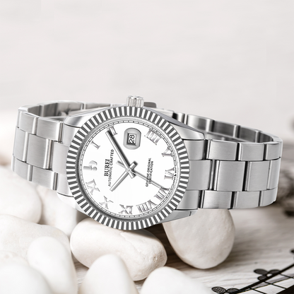 BUREI Men's Watch 41mm, Classic Stainless Steel, Waterproof Machine Watch with Date, Sapphire Crystal, Business Dress Wristwatch