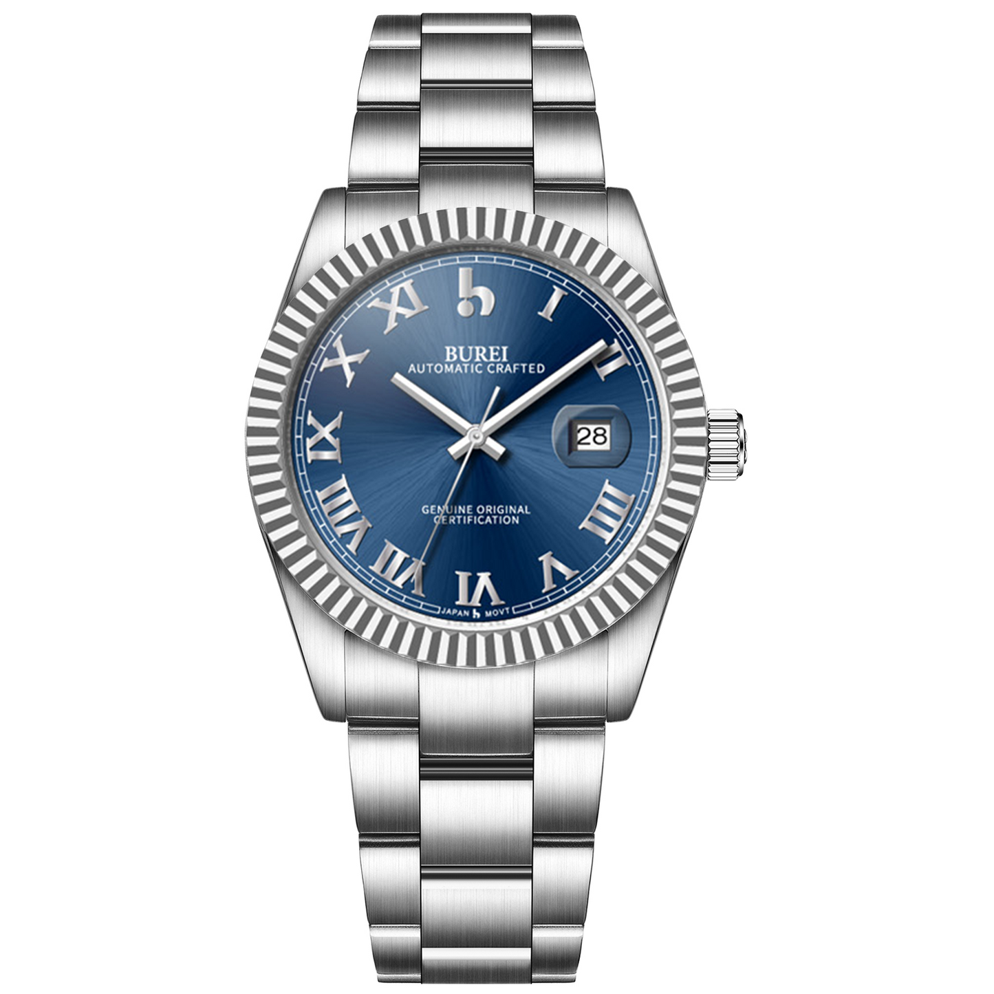 BUREI Men's Watch 41mm, Classic Stainless Steel, Waterproof Machine Watch with Date, Sapphire Crystal, Business Dress Wristwatch