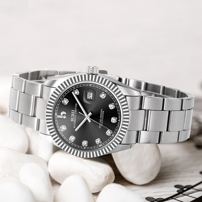 BUREI Men's Watch 41mm, Classic Stainless Steel, Waterproof Machine Watch with Date, Sapphire Crystal, Business Dress Wristwatch
