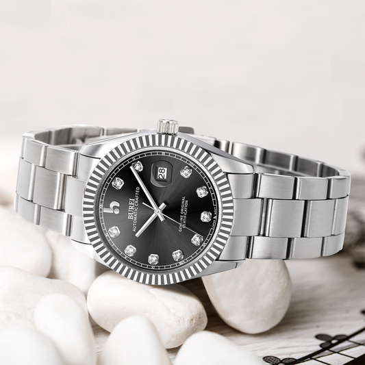 BUREI Men's Watch 41mm, Classic Stainless Steel, Waterproof Machine Watch with Date, Sapphire Crystal, Business Dress Wristwatch
