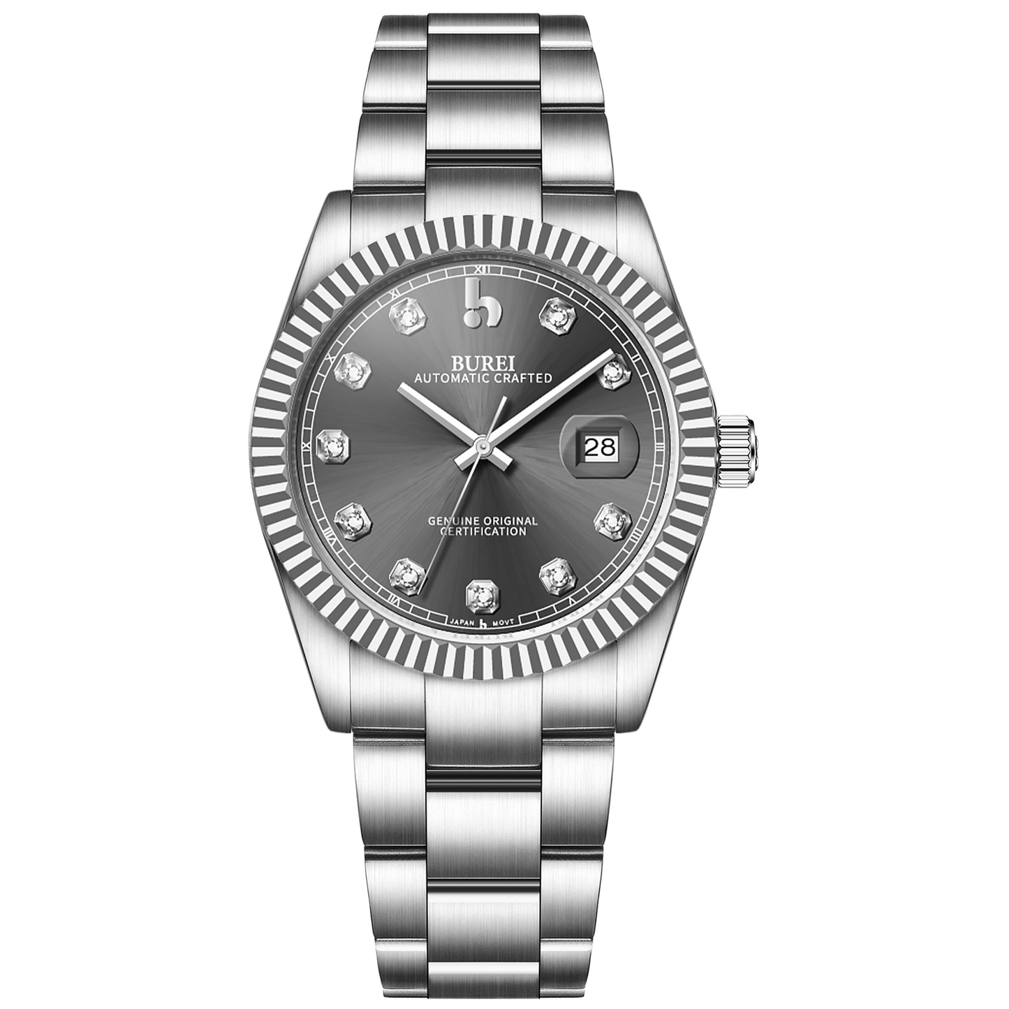 BUREI Men's Watch 41mm, Classic Stainless Steel, Waterproof Machine Watch with Date, Sapphire Crystal, Business Dress Wristwatch