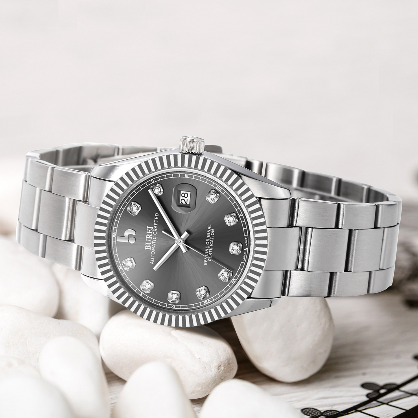 BUREI Men's Watch 41mm, Classic Stainless Steel, Waterproof Machine Watch with Date, Sapphire Crystal, Business Dress Wristwatch