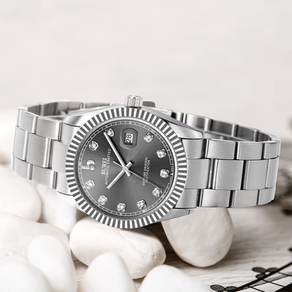BUREI Men's Watch 41mm, Classic Stainless Steel, Waterproof Machine Watch with Date, Sapphire Crystal, Business Dress Wristwatch