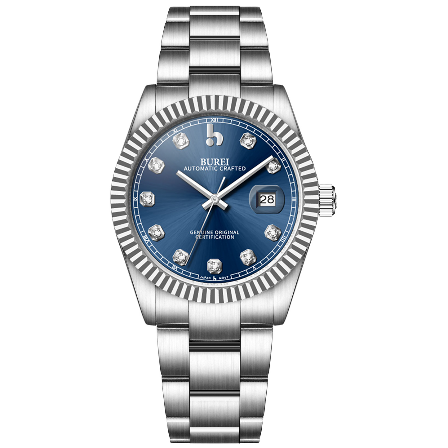 BUREI Men's Watch 41mm, Classic Stainless Steel, Waterproof Machine Watch with Date, Sapphire Crystal, Business Dress Wristwatch