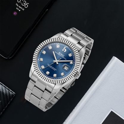 BUREI Men's Watch 41mm, Classic Stainless Steel, Waterproof Machine Watch with Date, Sapphire Crystal, Business Dress Wristwatch
