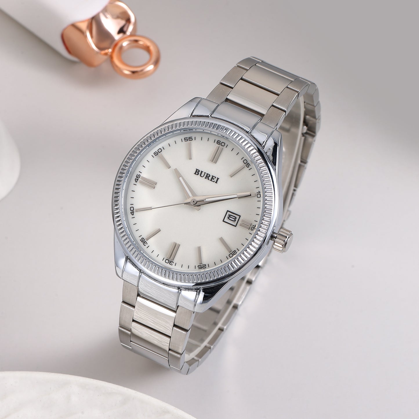 BUREI Men Watches Fashion Business Watch Silver Analog Stainless Steel Quartz Waterproof Watches for Men,Gifts for Men