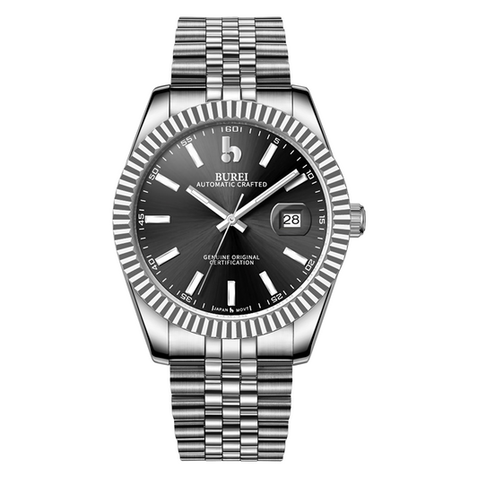 BUREI Men's Watch 41mm, Classic Stainless Steel, Waterproof Machine Watch with Date, Sapphire Crystal, Business Dress Wristwatch