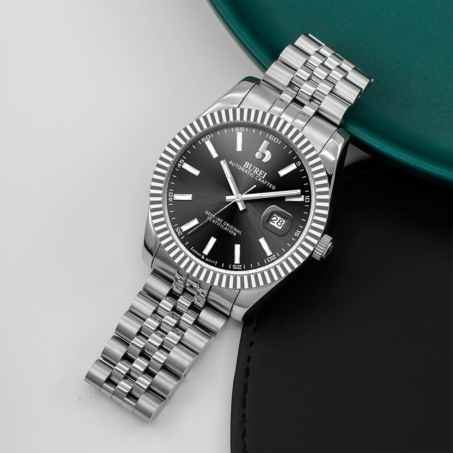 BUREI Men's Watch 41mm, Classic Stainless Steel, Waterproof Machine Watch with Date, Sapphire Crystal, Business Dress Wristwatch