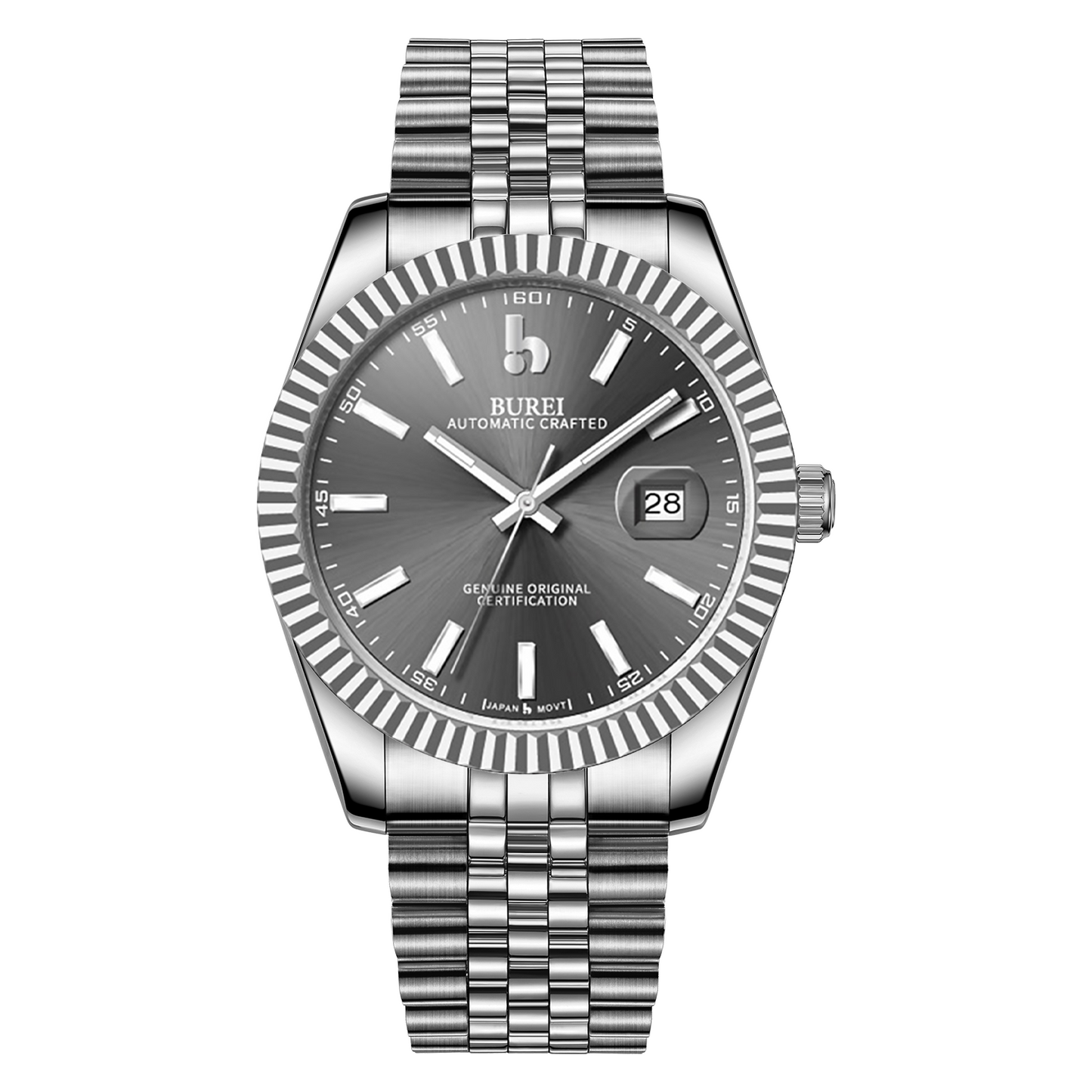 BUREI Men's Watch 41mm, Classic Stainless Steel, Waterproof Machine Watch with Date, Sapphire Crystal, Business Dress Wristwatch
