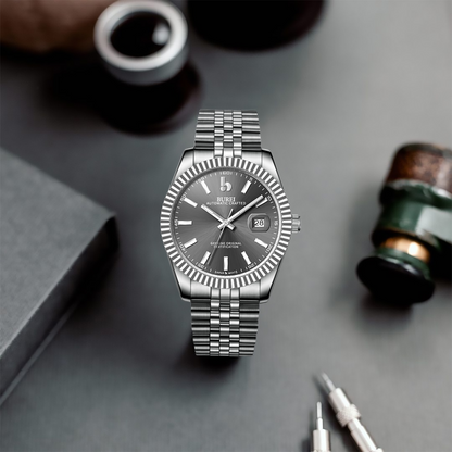 BUREI Men's Watch 41mm, Classic Stainless Steel, Waterproof Machine Watch with Date, Sapphire Crystal, Business Dress Wristwatch