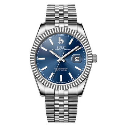 BUREI Men's Watch 41mm, Classic Stainless Steel, Waterproof Machine Watch with Date, Sapphire Crystal, Business Dress Wristwatch