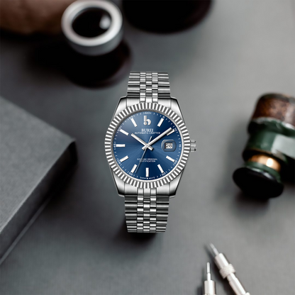 BUREI Men's Watch 41mm, Classic Stainless Steel, Waterproof Machine Watch with Date, Sapphire Crystal, Business Dress Wristwatch