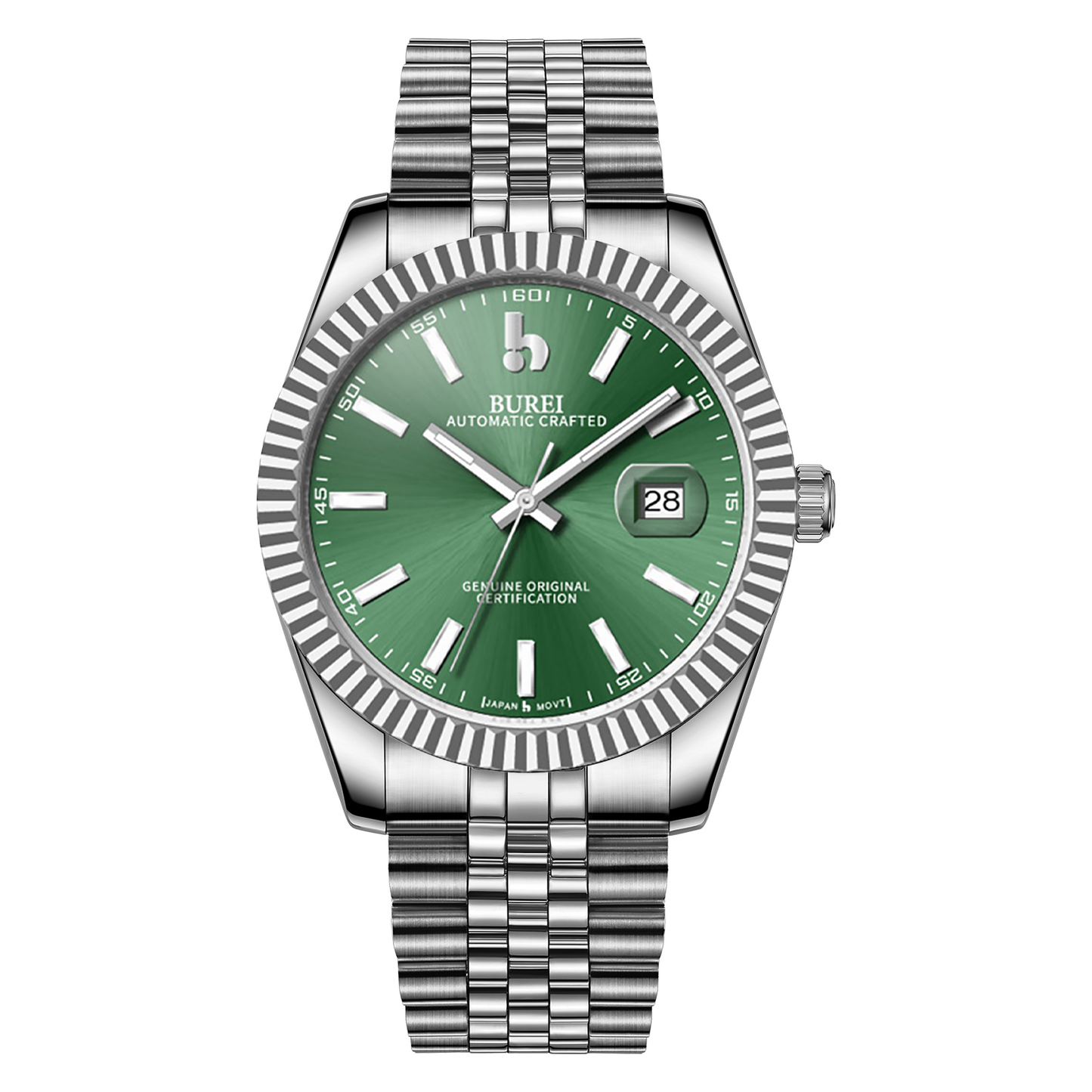 BUREI Men's Watch 41mm, Classic Stainless Steel, Waterproof Machine Watch with Date, Sapphire Crystal, Business Dress Wristwatch