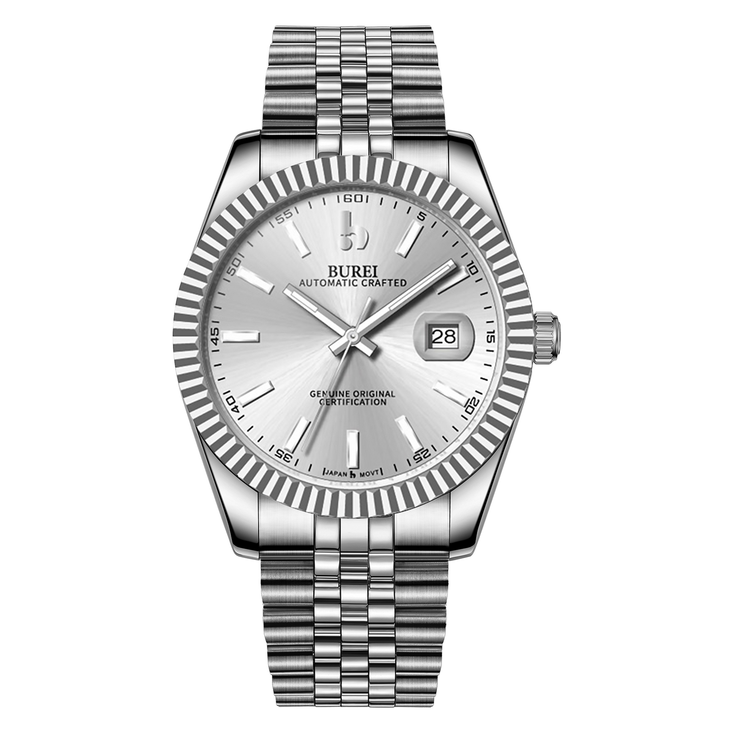 BUREI Men's Watch 41mm, Classic Stainless Steel, Waterproof Machine Watch with Date, Sapphire Crystal, Business Dress Wristwatch