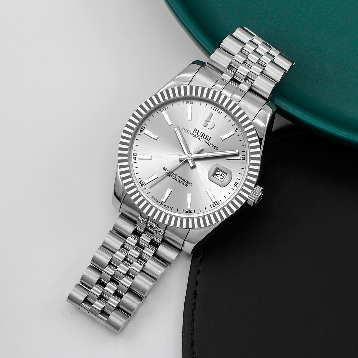BUREI Men's Watch 41mm, Classic Stainless Steel, Waterproof Machine Watch with Date, Sapphire Crystal, Business Dress Wristwatch