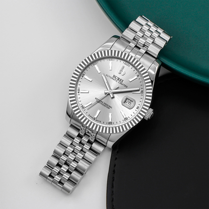 BUREI Men's Watch 41mm, Classic Stainless Steel, Waterproof Machine Watch with Date, Sapphire Crystal, Business Dress Wristwatch