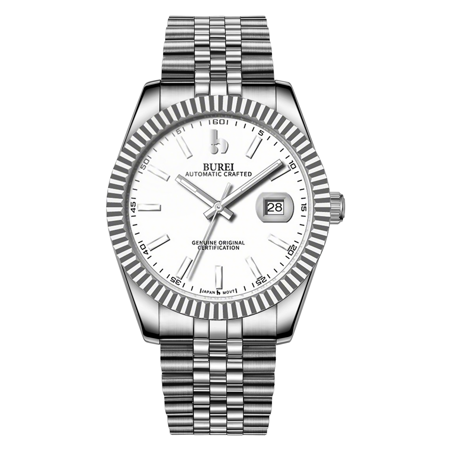 BUREI Men's Watch 41mm, Classic Stainless Steel, Waterproof Machine Watch with Date, Sapphire Crystal, Business Dress Wristwatch