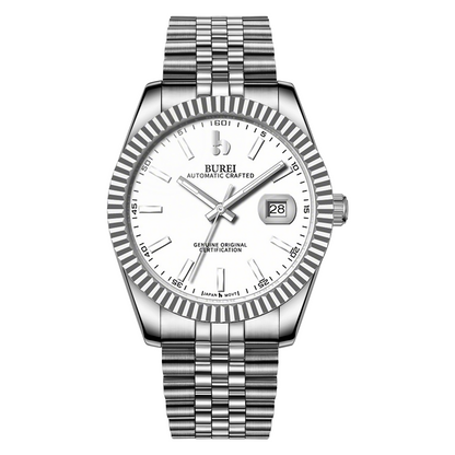 BUREI Men's Watch 41mm, Classic Stainless Steel, Waterproof Machine Watch with Date, Sapphire Crystal, Business Dress Wristwatch