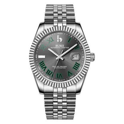 BUREI Men's Watch 41mm, Classic Stainless Steel, Waterproof Machine Watch with Date, Sapphire Crystal, Business Dress Wristwatch