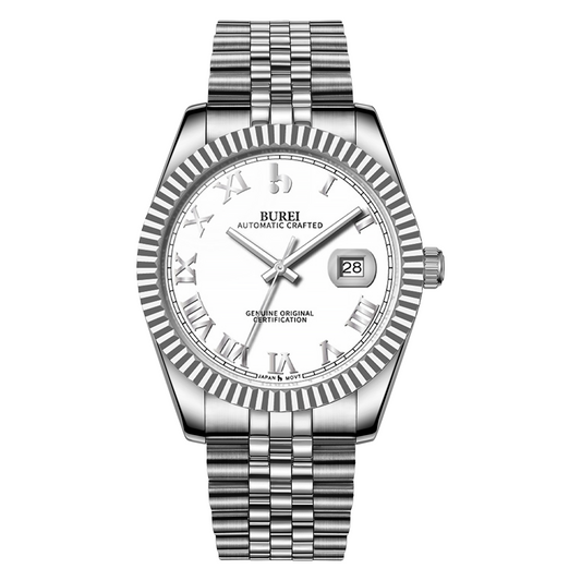 BUREI Men's Watch 41mm, Classic Stainless Steel, Waterproof Machine Watch with Date, Sapphire Crystal, Business Dress Wristwatch