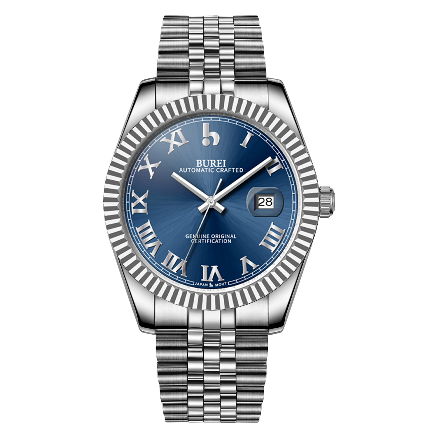 BUREI Men's Watch 41mm, Classic Stainless Steel, Waterproof Machine Watch with Date, Sapphire Crystal, Business Dress Wristwatch