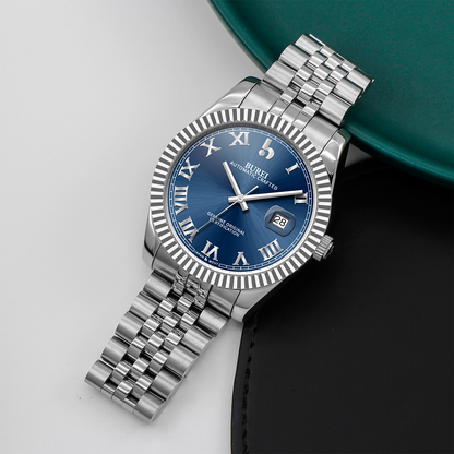 BUREI Men's Watch 41mm, Classic Stainless Steel, Waterproof Machine Watch with Date, Sapphire Crystal, Business Dress Wristwatch